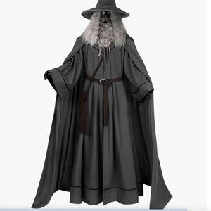 Gandolf Costume Mens Gray Robe Hooded Cloak with Hat Grey Wizard